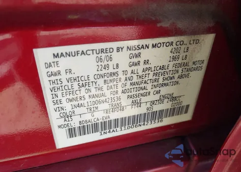 2006 Nissan Altima 2.5 S from USA, damaged, VIN 1N4AL11D06N423536